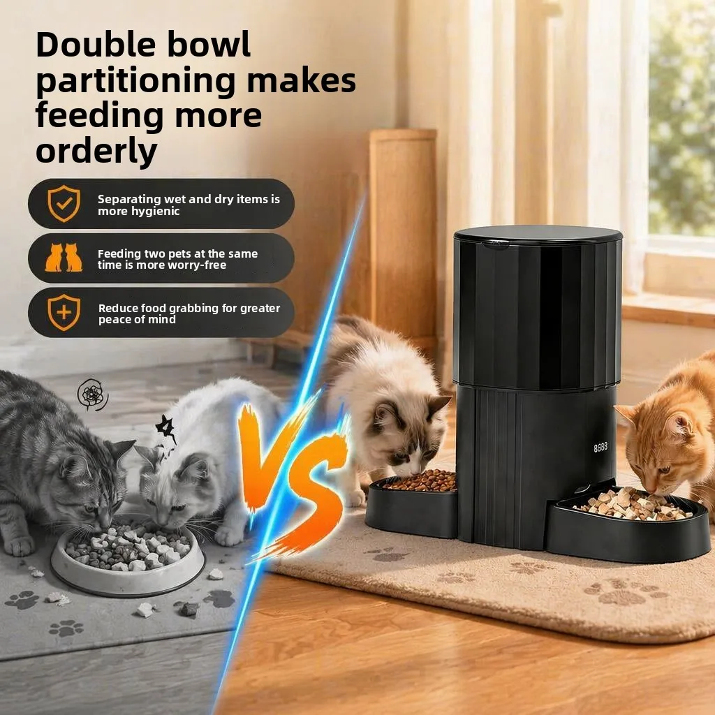 Intelligent pet automatic feeder, double bowl, universal large-capacity timed quantitative feeding machine for cats and dogs