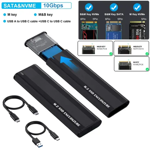 NVME SATA 듀얼 프로토콜 3.1 SSD 어댑터, NVME PCIE NGFF SATA SSD 디스크 박스, CC AC 포함, M.2-USB C타입, 10Gbps M2 SSD 케이스