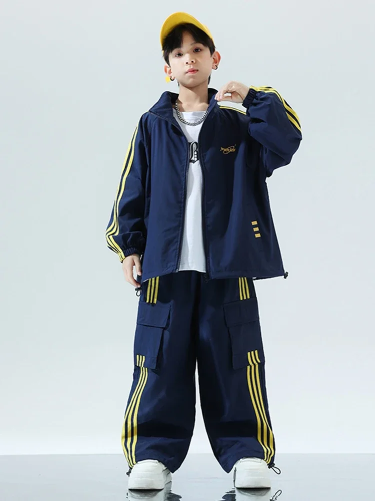 Ropa de Hip Hop para niños, camisa holgada azul de manga larga, abrigo, pantalones, traje de baile callejero de tambor para niñas, traje de actuación de Jazz XH1154