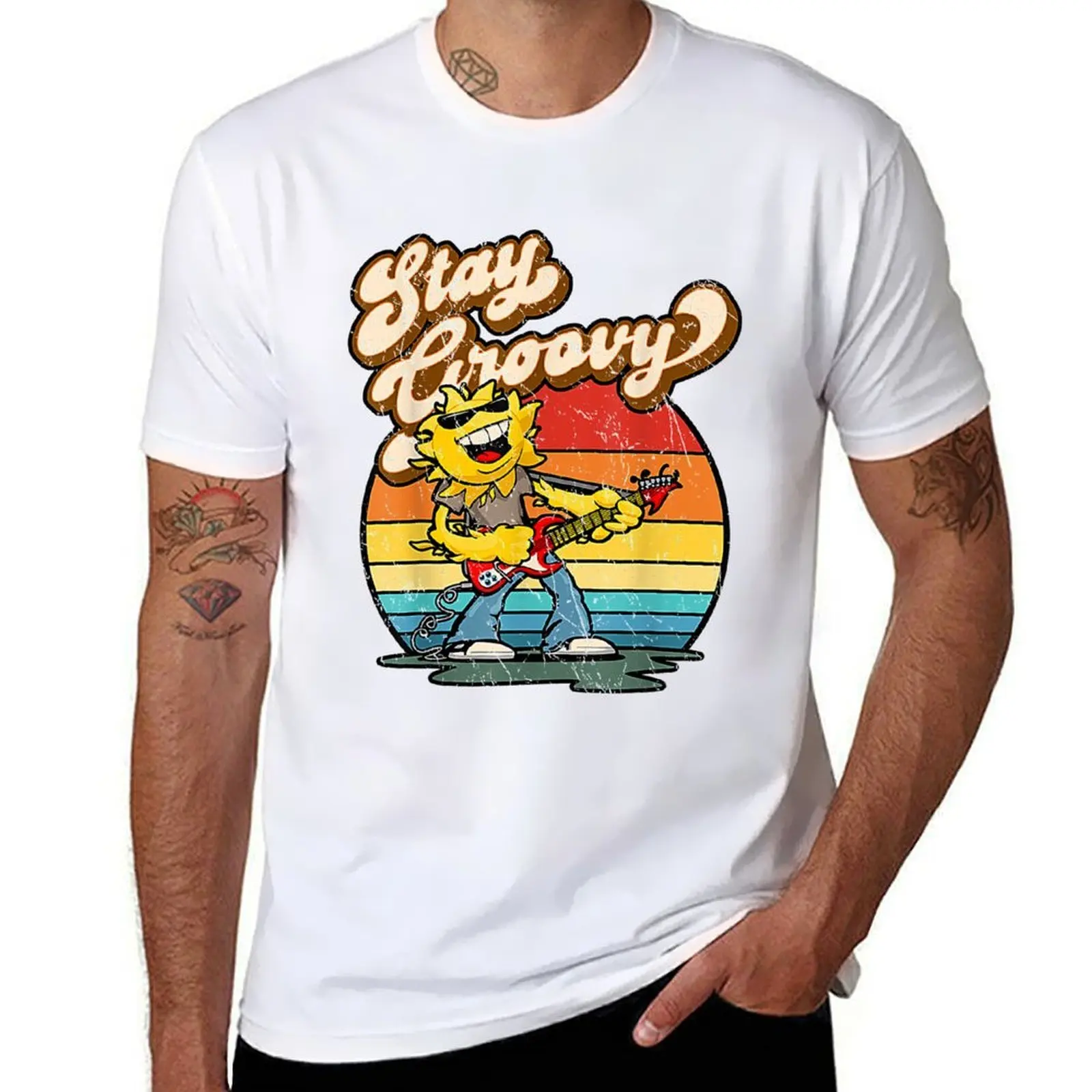 

Retro Stay Groovy Vintage Classic Rock Guitar Playing Sun T-Shirt man t shirt cotton high quality T-Shirt