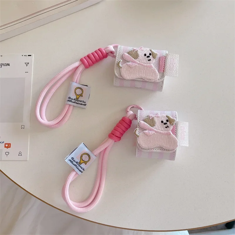 

Pink Leather Puppy Case for AirPods 4 Airpod 1 2 3 Pro Pro2 Bluetooth Earbuds Charging Box Protective Earphone Case Cover