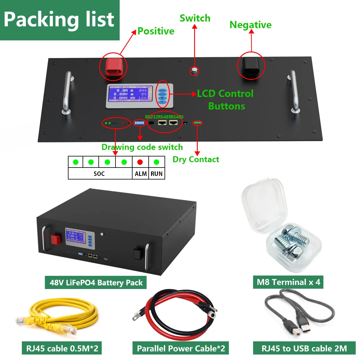 Imagem -05 - Bateria Lifepo4 48v 100ah 51.2v 5kw Bateria de Lítio 6000 Mais Ciclos Rs485 Pode 16s 100a Bms Max 32 Paralelo para Inversor Solar