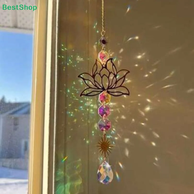 ♬Sun Catcher Crystal Lotus Hanging Crystal Colored Glass Sun Catcher Outdoor Decoration Rainbow Maker Prism Chakra Garden Decor