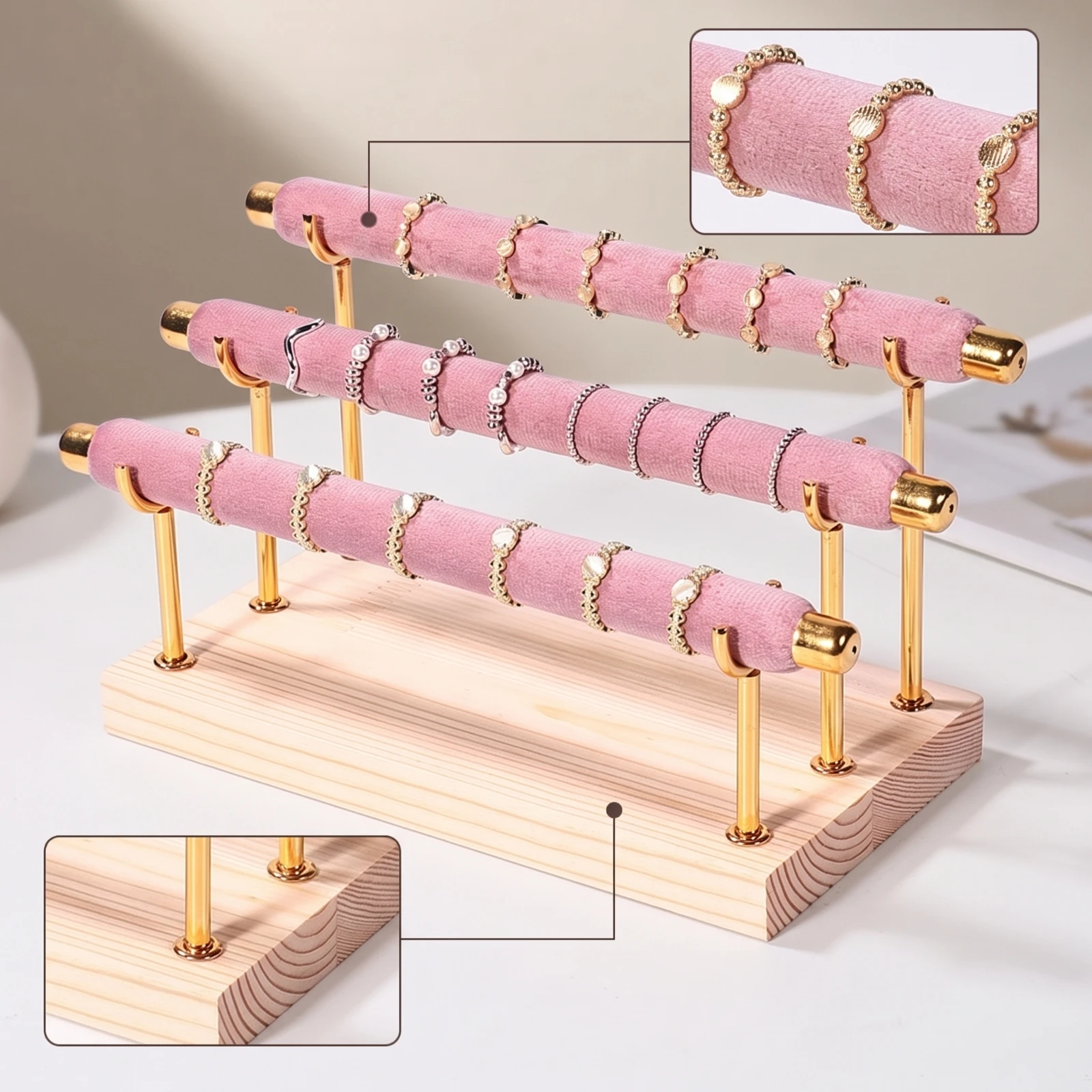 Jewelry Display Stand with Padded Surface Boutique-Style Tabletop Jewelry Holder Wooden Display Rack Stable Organizer Sturdy