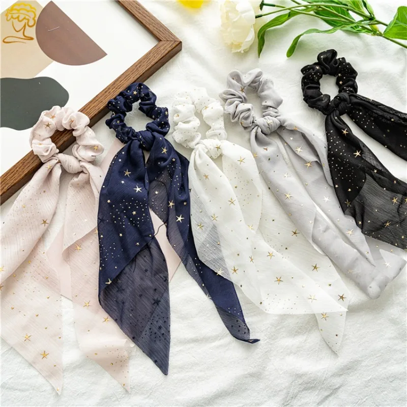 

Chiffon Star Print Scrunchies Elastic Rubber Bands Women Silk Hair Ties Ropes Ponytail Holder Elegant Design Hair Accessories