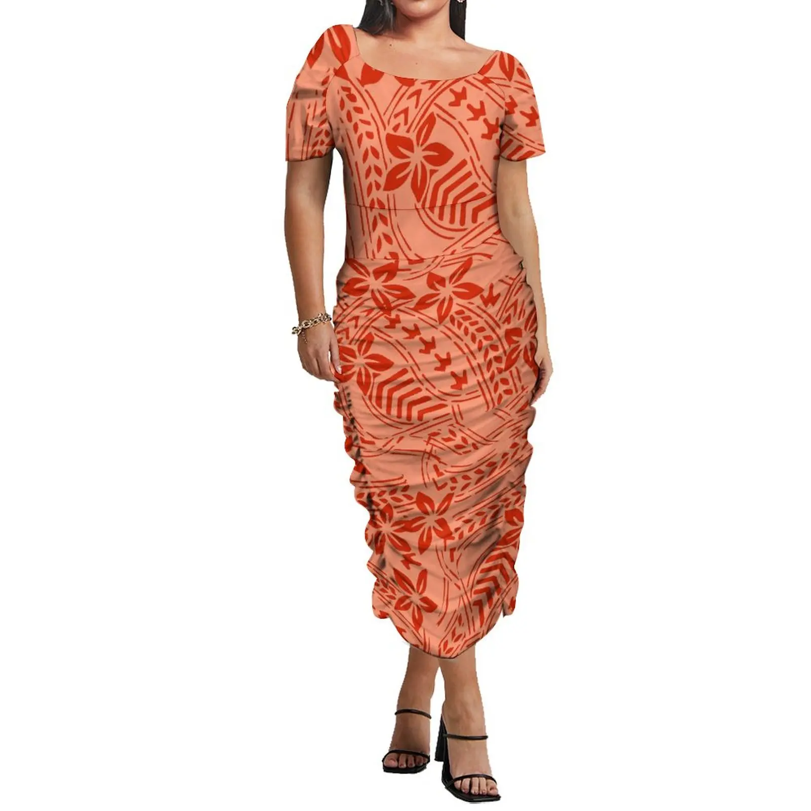 2023 Summer Women'S Short Sleeve Dress Polynesian Tribal Style Design Pleated Evening Gown Support Design