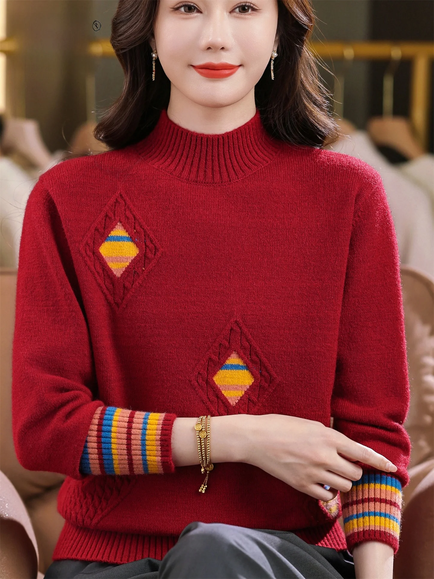 

Young Mom Knitted Sweater f High Collar Color Blo Wool Slimming Top Faionable Middle Aged And ly Women's Clothing