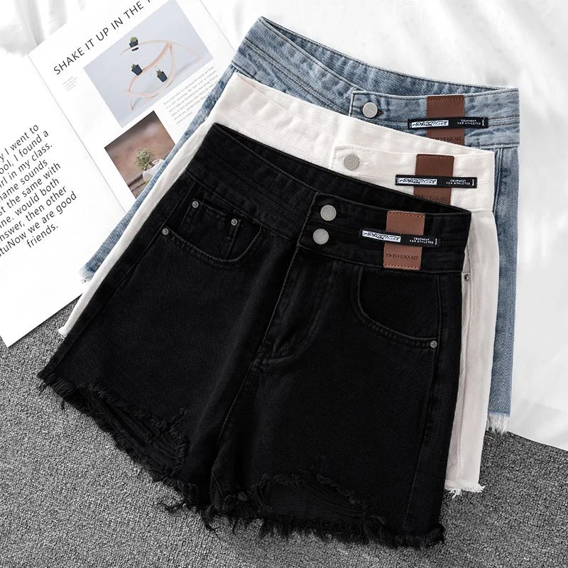 

Summer Women Retro Fashion Casual Thin Jeans Female Chic Raw Edge High Waist Denim Shorts Lady Ins Baggy Short Pants