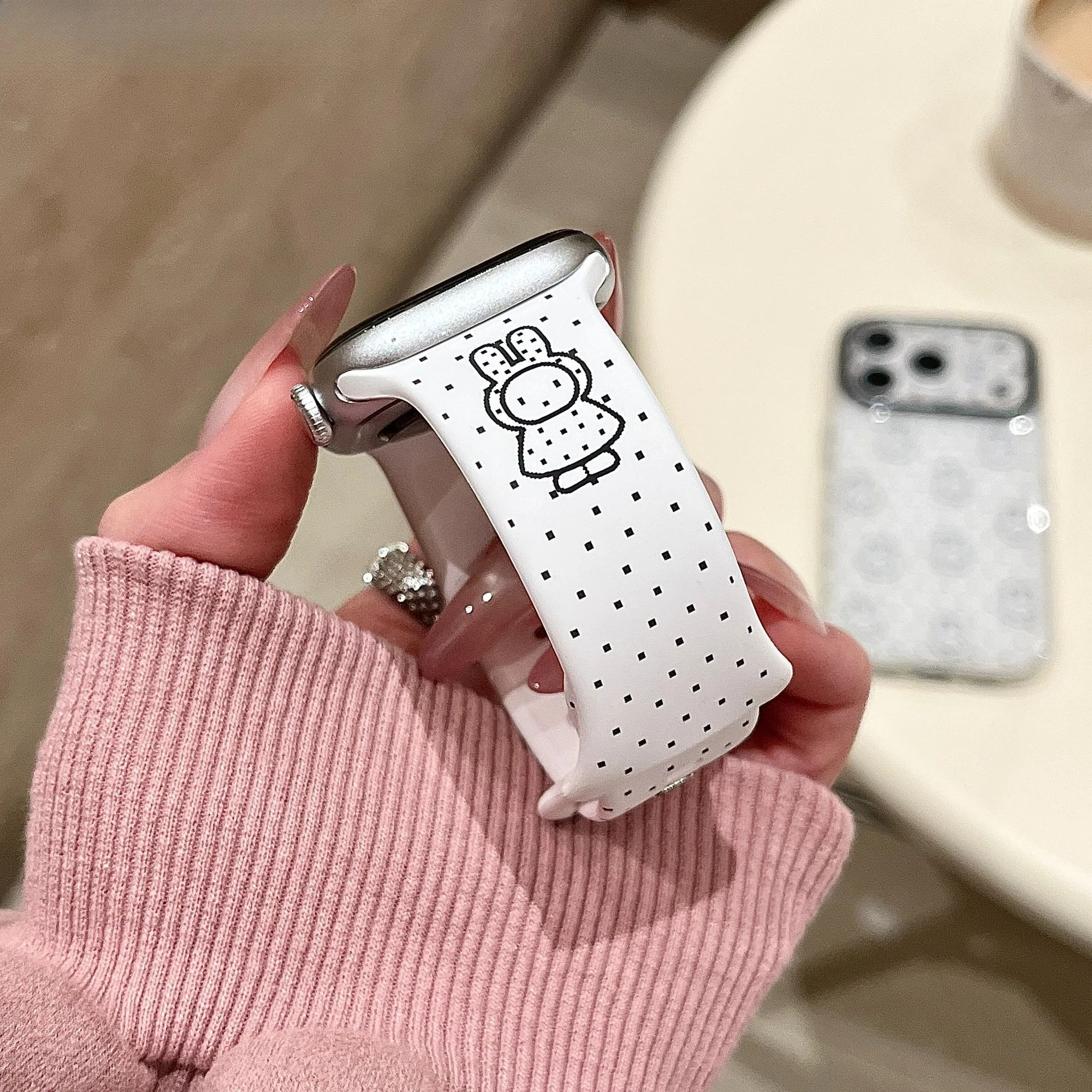 Kawaii Pixel Art Miffy White Silicone Wristband Fashion Watch Strap Fit IWatch S11 S10 S9 Skin-friendly Daily Watch Accessory view 4
