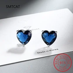 Love Heart Total 1.23ct Created Blue Sapphire 925 Sterling Silver Stud Earrings for Women Gemstone Fine Daily Jewelry Gift