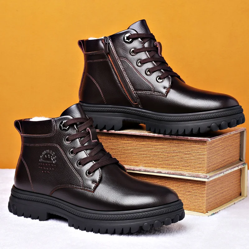 Botas de cuero genuino para hombre, botines cálidos de piel Natural, calzado de trabajo, botas de nieve impermeables de goma, invierno, nuevo