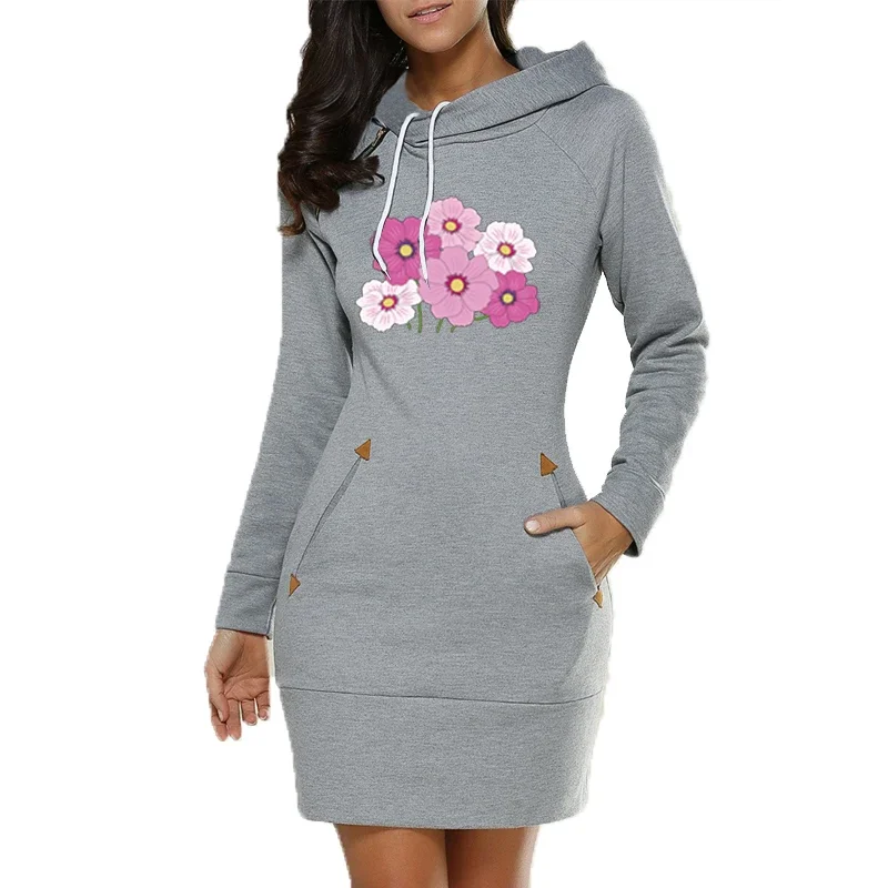 

Spring Autumn Ladies Mini Dress Full Sleeve Hoodie Dress Women Long Sweatshirts with Pocket Zipper Casual Loose Dresses