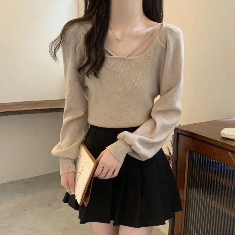 Square Neck Bubble Sleeve Base Shirt Women's Long Sleeved Slimming Style Knit Shirt Top