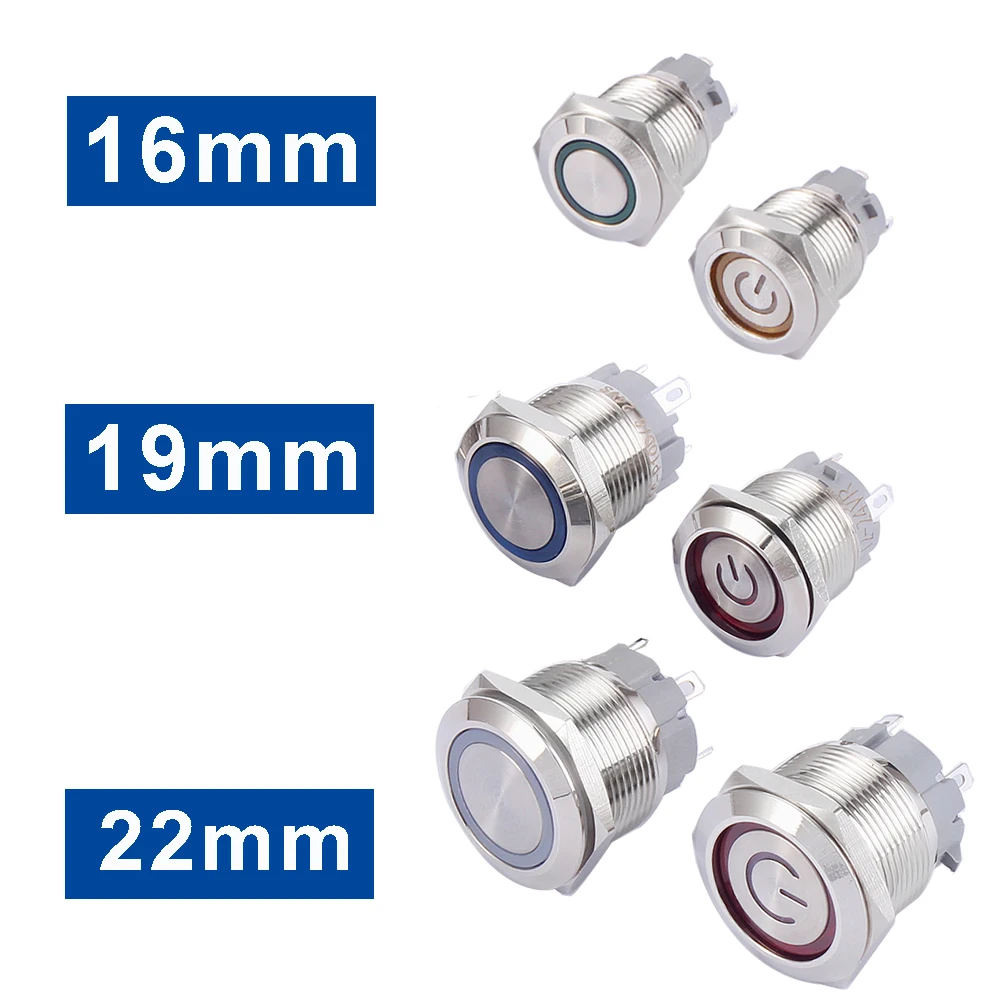 16mm 19mm 22mm  Metal Push Button Switch Short Pins Locking Latching Self-reset Momentary 1NO LED Red Blue Yellow Green White