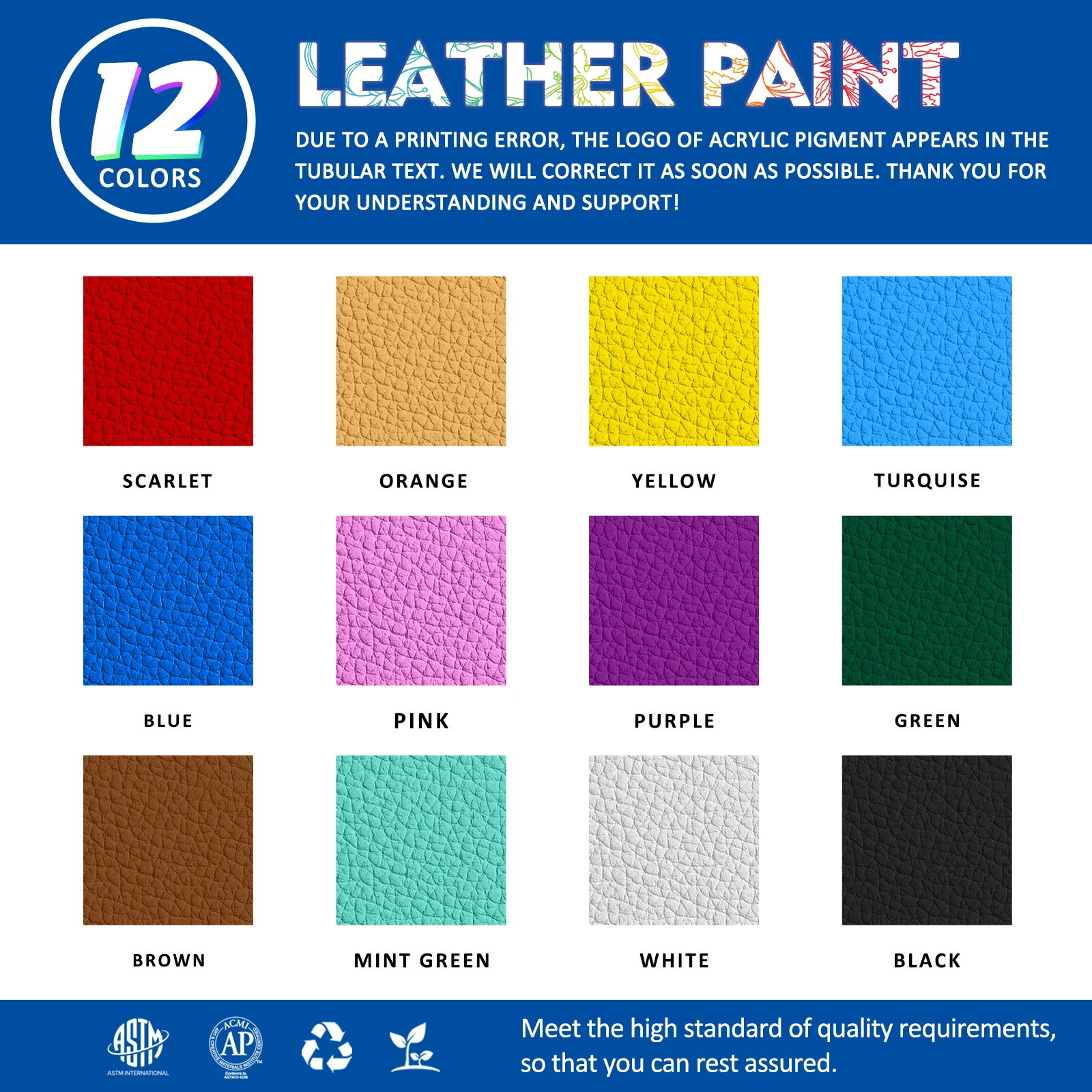 Acrylic Leather PigmentPaint set 12 Colors Leather For Bags,Shoe,Crafts DIY Waterproof Never Fading Leather Repair paint pigment