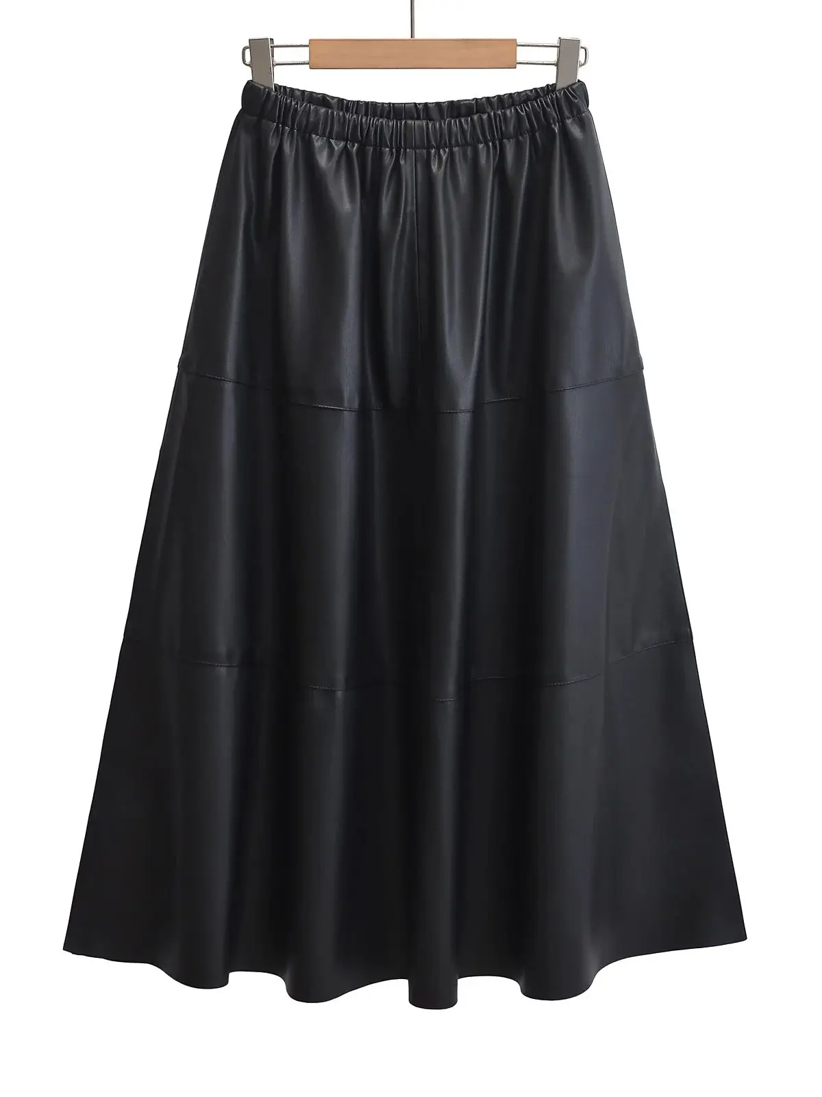 XNWMNZ 2024 Women Fashion Faux Leather Midi Skirt Retro Elastic High Waist Side Pockets Voluminous Hem Female Skirt