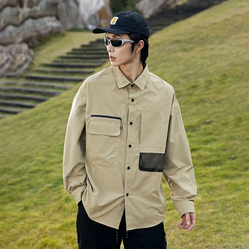 

Men Outdoor Quick Dry Loose Casual Long Sleeve Splice Sportwear Track Techwear Cargo Shirts Women Streetwear Oversize Shirt
