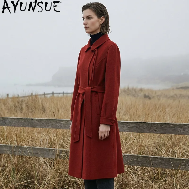 AYUNSUE Women's 100% Wool Coat Lace-up Cinched Waist Double-sided Woolen Jacket Autumn Winter Long Red Outerwear Woman Clothes