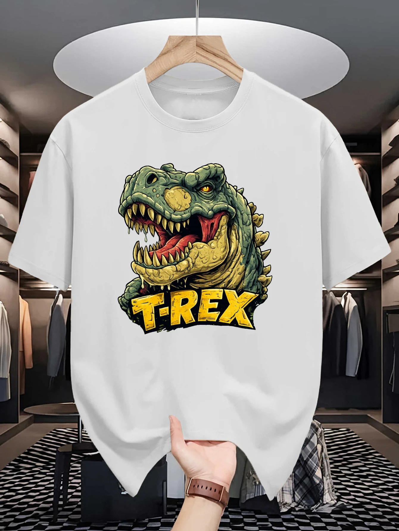 Vintage Dino T Rex Head Letter Print Mens Crew Neck Short Sleeve T Shirt Retro Animal Graphic Casual Cotton Daily Street Tops