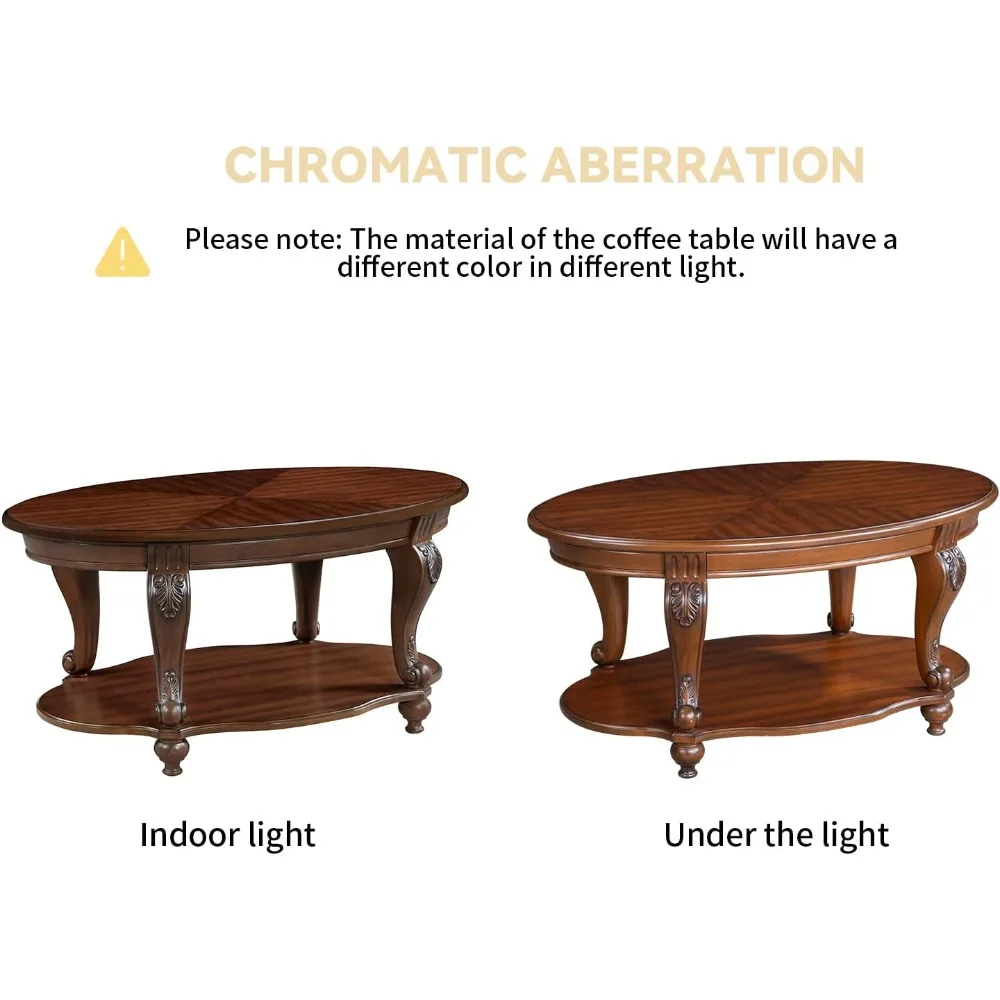 Farmhouse Style Oval and Round Coffee Table Set with Storage Shelf for Living Room, Antique Elegant Design