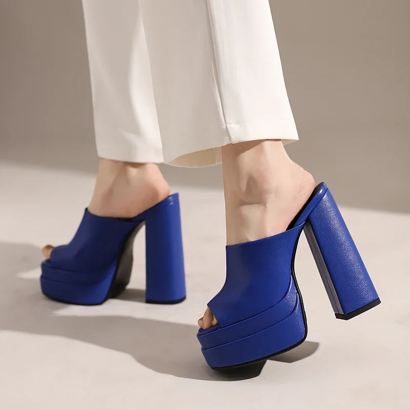 

Dark Blue Pink Yellow Open Toe Slippers Womans Shoes Summer Platform Slides Mules Rectangle Block Heels Womens Slides Sandals