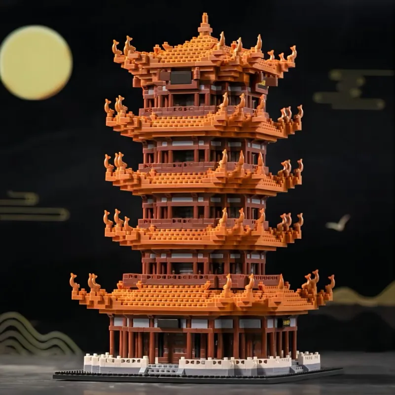 1788 قطعة برج الرافعة الصفراء للهندسة المعمارية الصينية القديمة، مكعبات بناء مصغرة، للكبار، صندوق هدايا، ألغاز، ألغاز