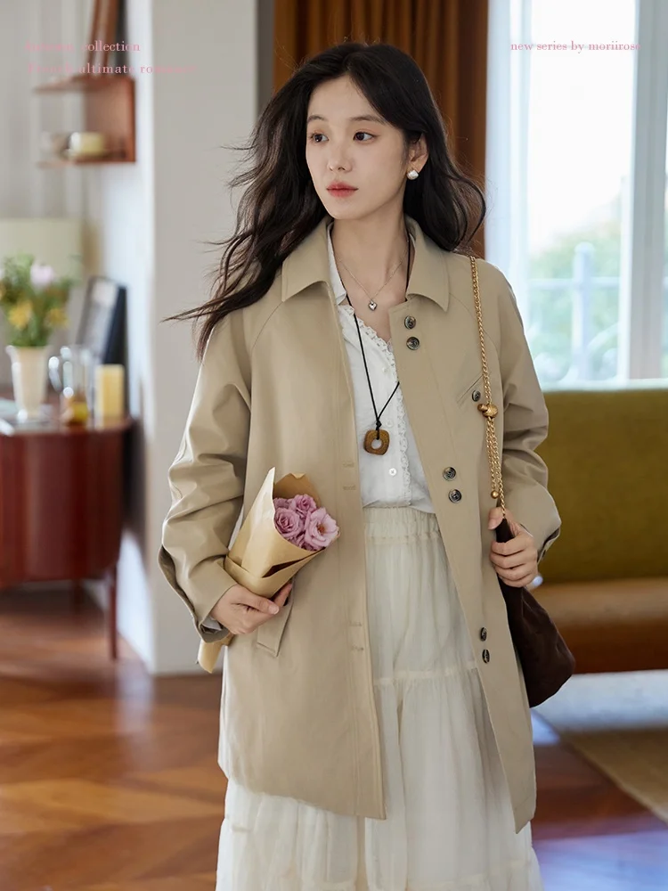 

Khaki Color Moriirose Women's Jaet oulder Sve Inserted Midi Length Coat Vintage Sle Commute Faion Polyester Fiber