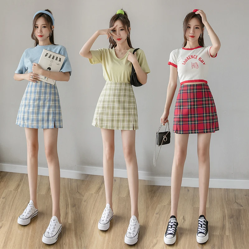 Women's Vintage Mini Plaid Skirt, High Waist Bottoms, Summer Streetwear, Casual A-Line Ladies Skirts, Female Short Skirt