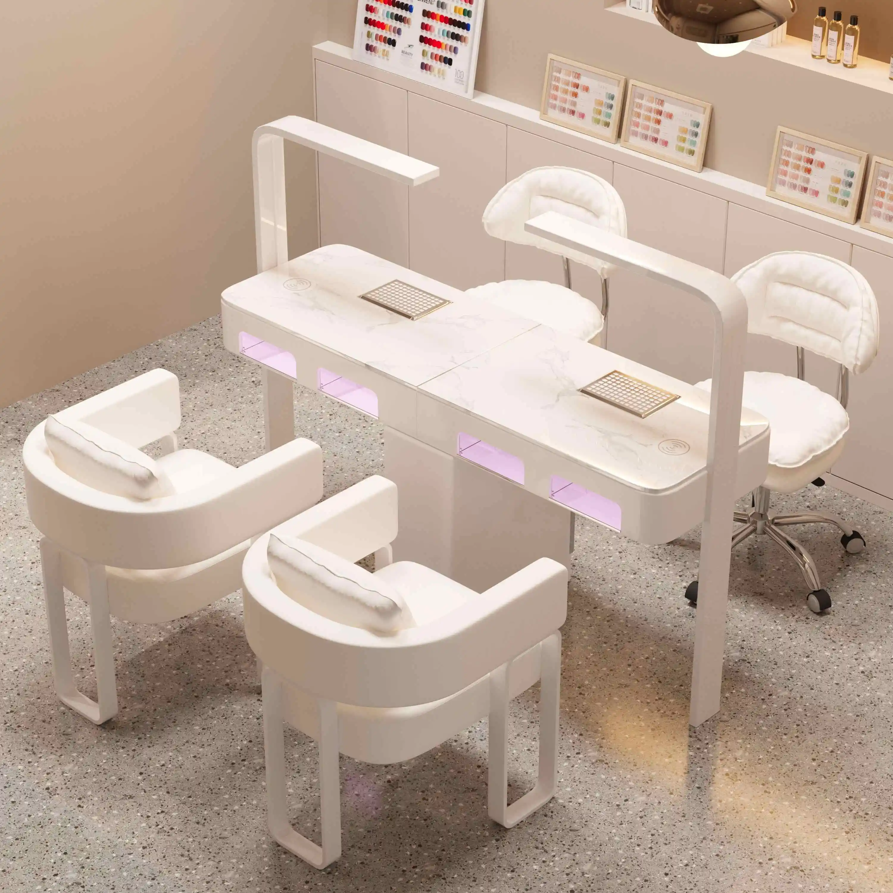 Modern Cream Manicure Table Chair Set High Power Vacuum Cleaner Red Light Baking Lamp Nail Table