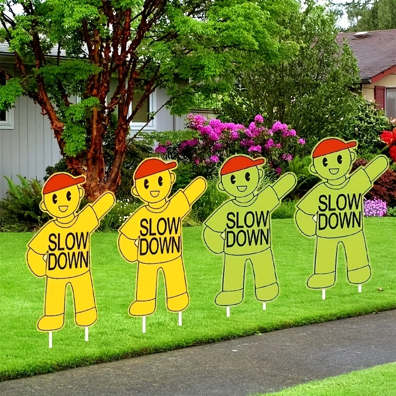 4pcs Large Yellow And Green Children Playing Caution Signs - High-Visibility Slow Down Safety Signs with Cartoon Kids D