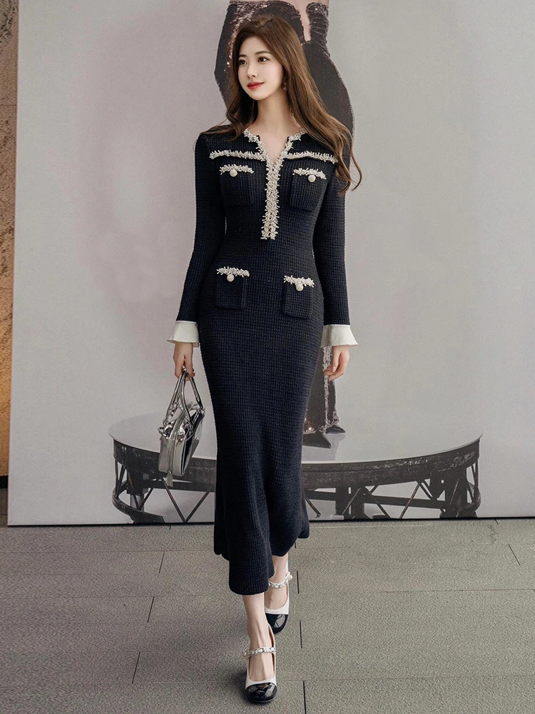 

High-End Knitted V-Ne Beaded Fi Tail Dr Women's Hepburn Sle ort A-Line Skirt Long Sve Polyester Fiber Spring Su...