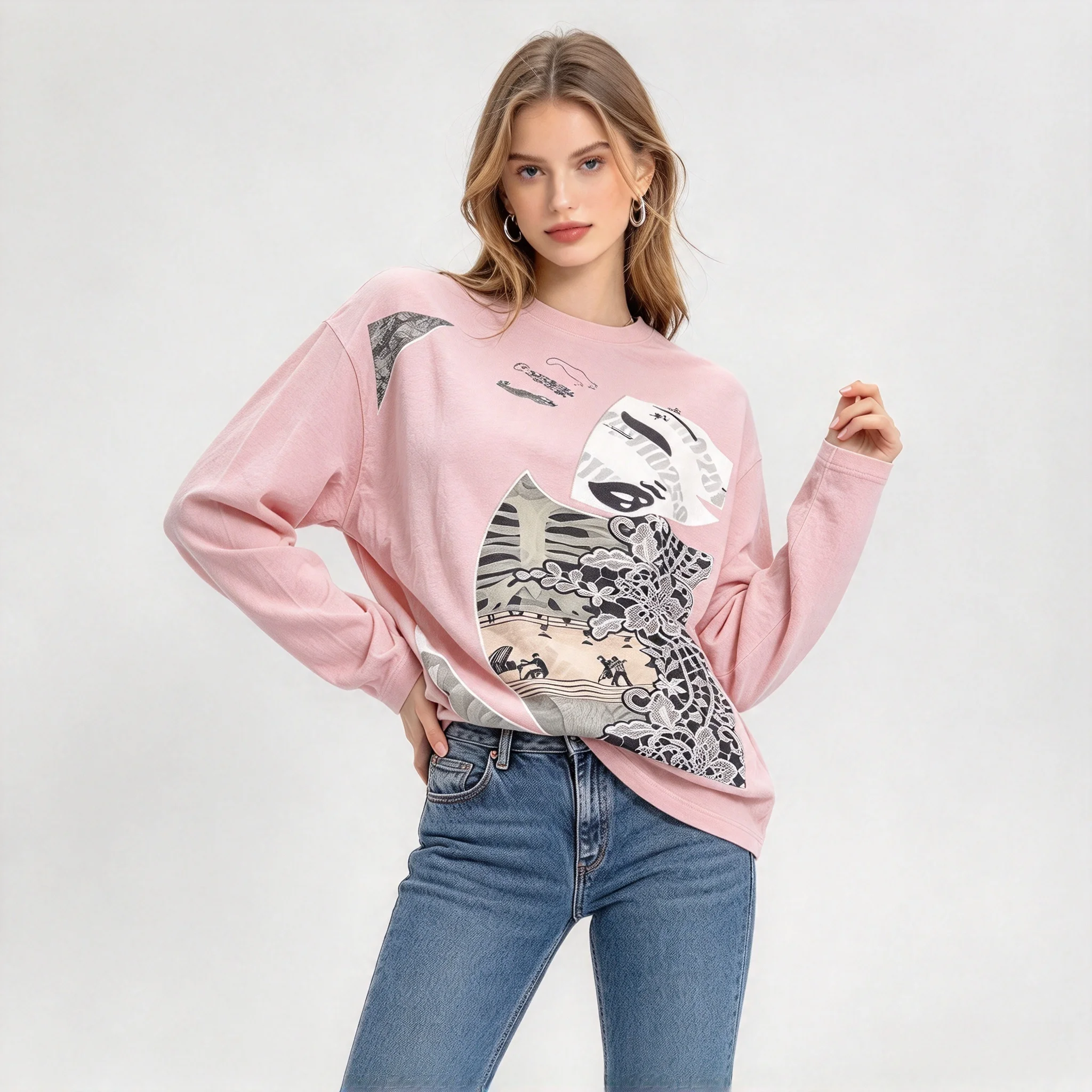 2026 New Style Artistic Patchwork Portrait Lace Print Painting Round Neck Long-Sleeved Warm and Comfortable Women's T-Shirt