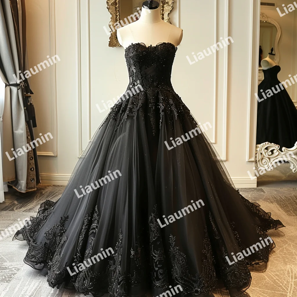 Gaun hitam Tulle baru dengan renda Applique gaun pesta tanpa tali gaun pesta Prom gaun acara Formal punggung renda A3-2.8 khusus