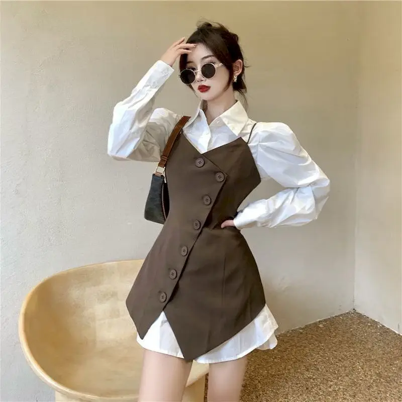 

Fonekie Womens Suit Waistcoat Autumn Irregular Vest Jacket Mid-length Design Niche Temperament Long Sleeve Shirt 2 Piece Sets