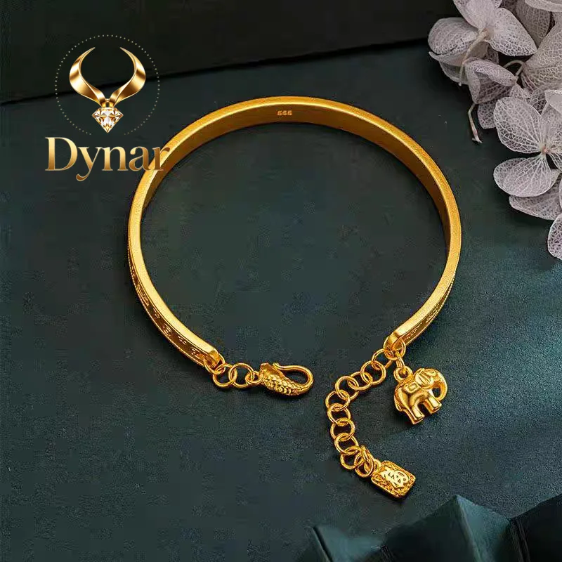 Dynar Jewelry   Elephant Auspicious Open Bangle Women's 24K Gold AU999 - Lucky elephant, engraved words, adjustable open design