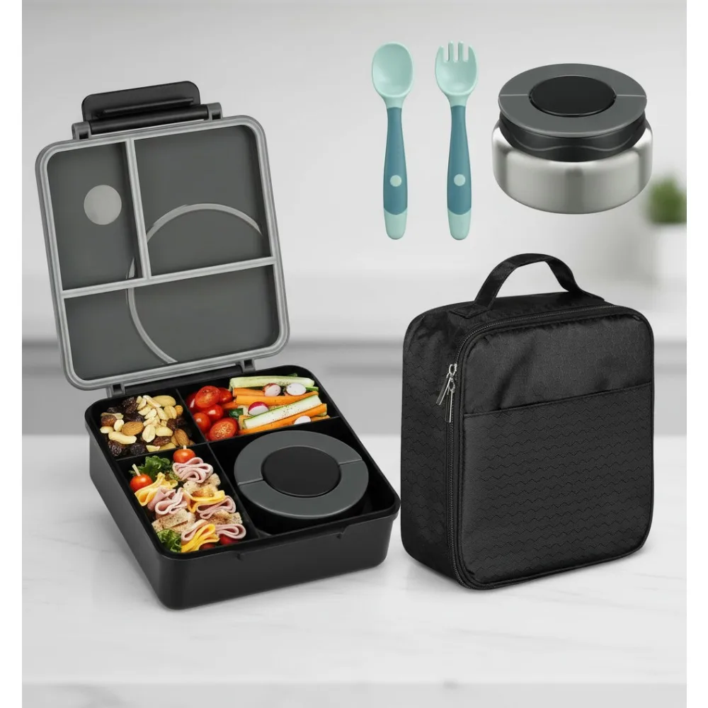 

Kids Bento Lunch Box Set with 8oz Soup Thermo, Leak-Proof 4 Compartment Containers & Insulated Bag for School