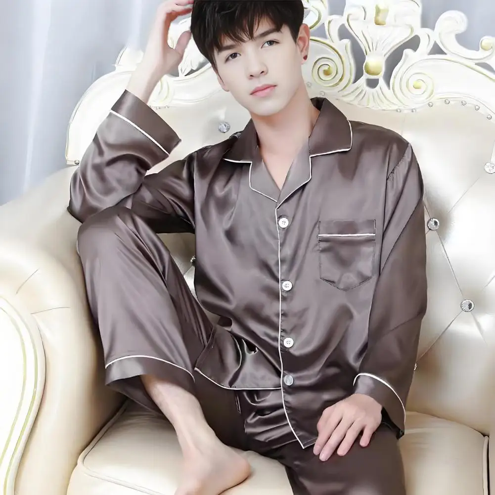 2Pcs/Set Men Sleepwear Set Lapel Long Sleeve Single Breasted Tops Elastic Waist Loose Long Trousers Set Home Wear