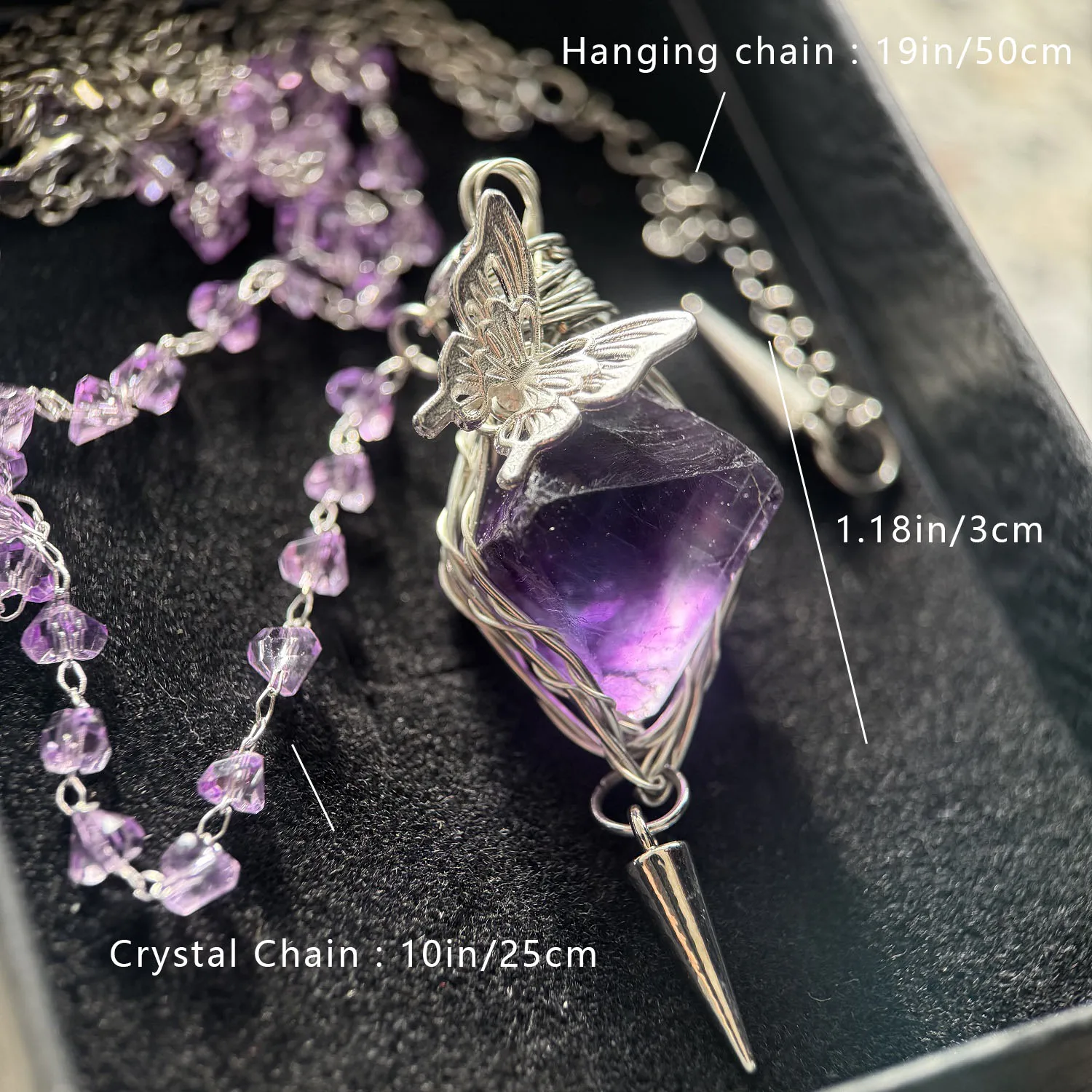 Handmade Wire Wrapped Octahedron Natural Purple Fluorite Pendulum Pendant, Healing Crystal Hanging Ornament Decor