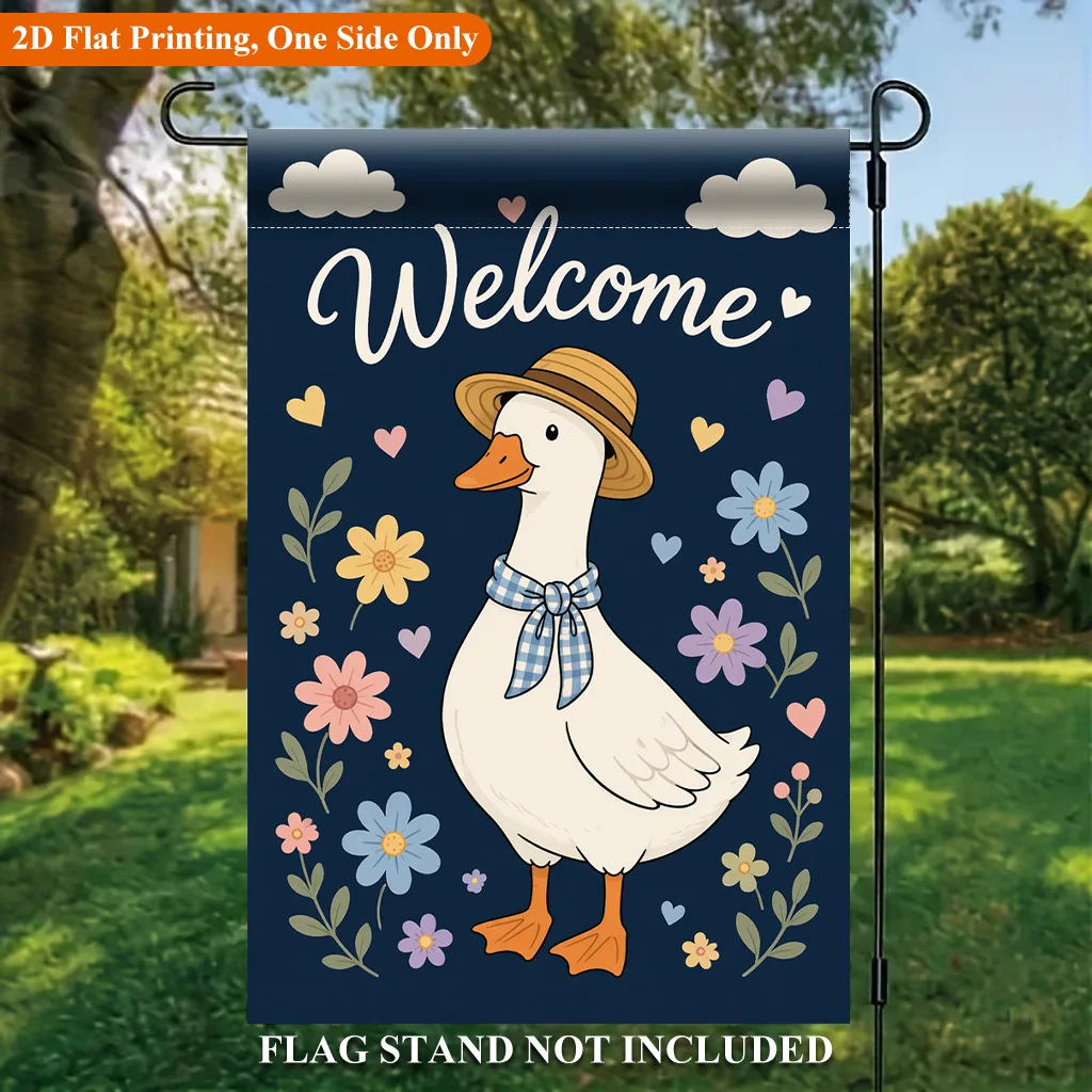 2D Flat Flag - 2D Flat Garden Flag, White Goose Straw Hat Warm Heart Welcome Screen Single Sided Polyester Garden Flag, Suitable for Outdoor Home and Yard Holiday Decorations, Valentine's Day, Easter, Christmas, Thanksgiving, Halloween