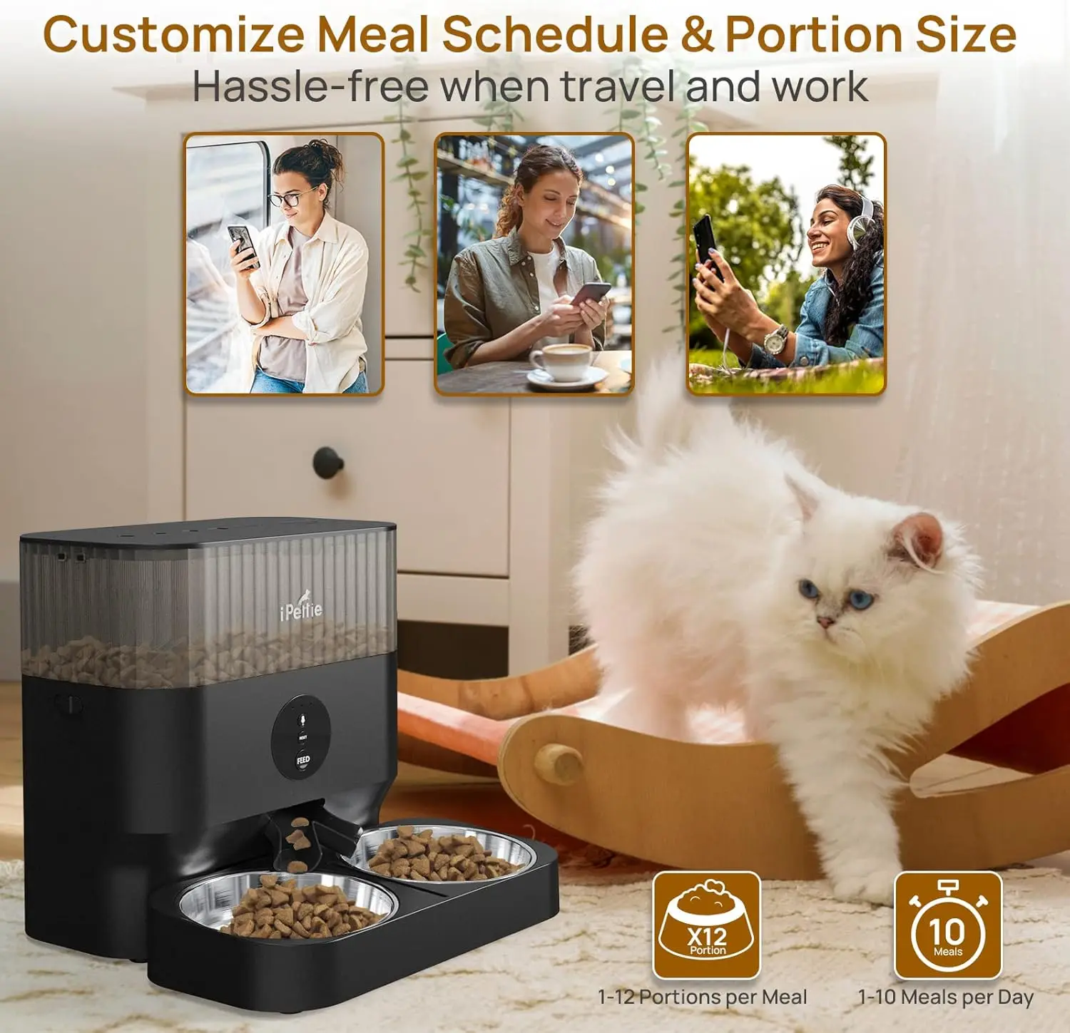 Comedero automático para mascotas con WiFi para 2 mascotas, capacidad de 5L/21 tazas, 1-10 comidas al día, altura de cuenco ajustable, alimentador inteligente para perros y gatos con