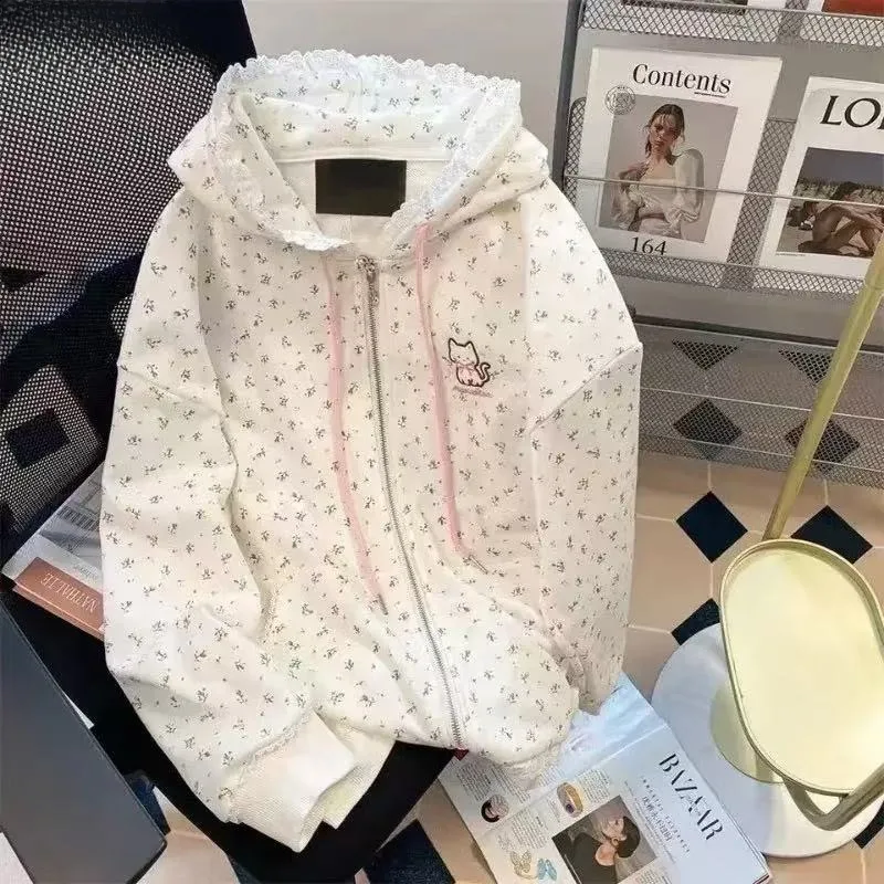 Kawaii لطيف طباعة اليابانية ملابس الشارع الشهير طويلة الأكمام المرأة الحلو نمط سستة البلوز فتاة لينة موضة ربيع 2025