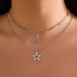 Salirkoon Mode Creatieve Metalen Ster Ketting Punk Statement Star Hanger Dubbele Sleutelbeen Ketting Vrouwen Esthetische Sieraden