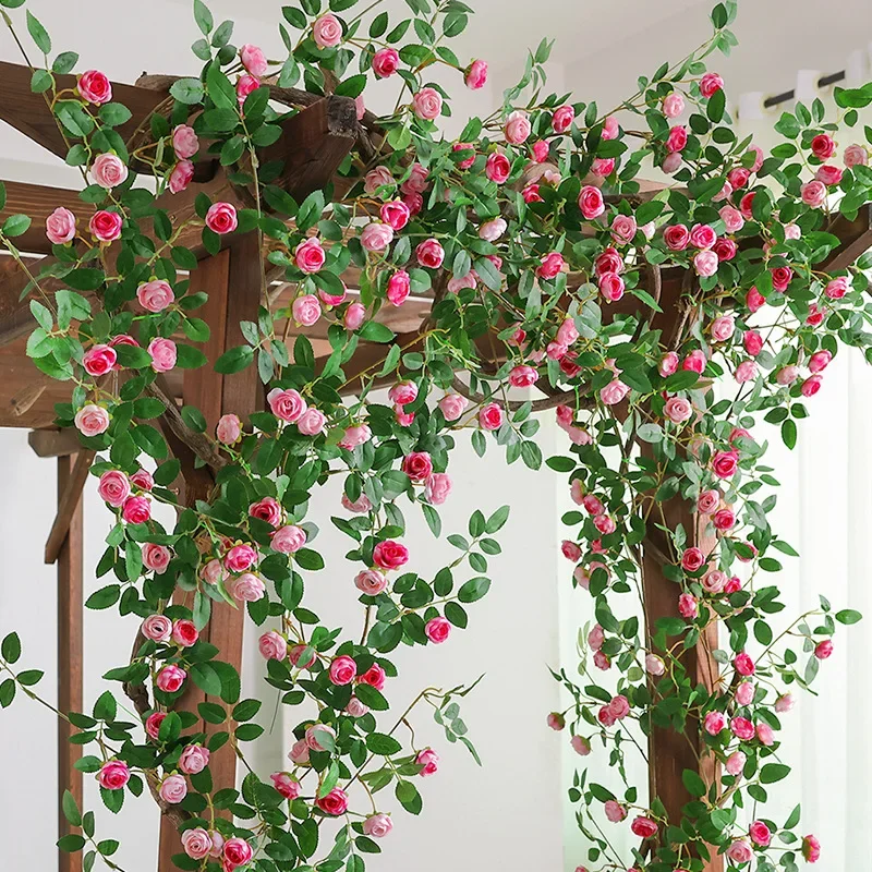 175cm Artificial Rose Vine 22 Heads Flowers False Green Plants Flower Vine Courtyard Wedding Arch Wall Hanging Decoration Rose