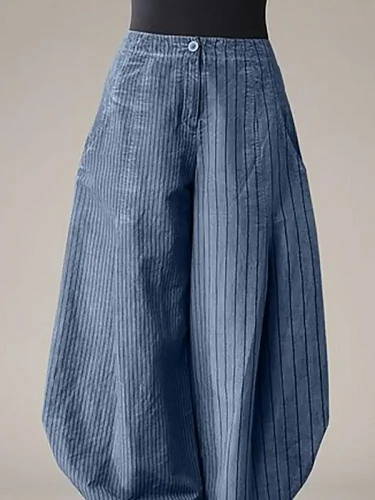 Missuoo Striped Blue Harem Pants for Women High Waist Buttoned Wide Leg Loose Fit Trousers 2024 New Cotton Pleated Bottoms