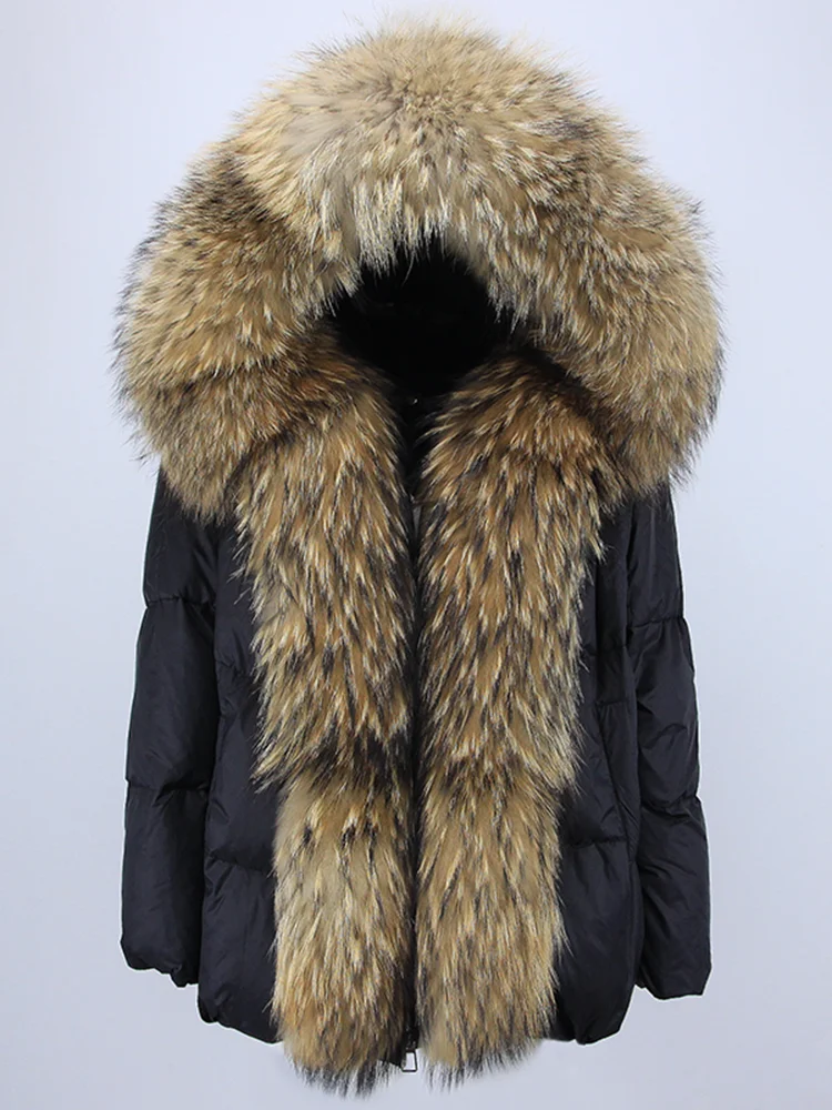 المرأة الجديدة الشتاء معطف فرو الثعلب الحقيقي الياقة الطبيعية سميكة الدافئة مقنعين بطة أسفل سترة فاخرة أبلى الإناث فضفاضة