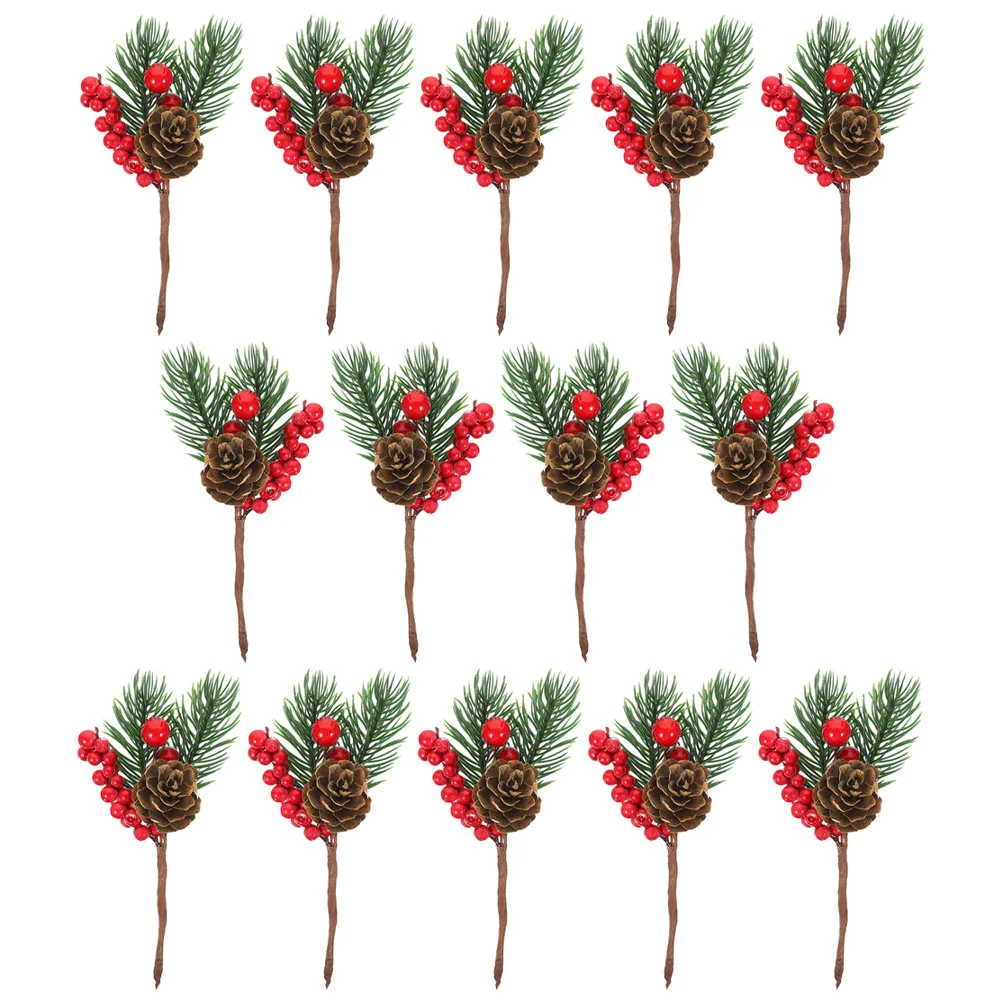 12 Stück künstliche Tannenzapfen Weihnachtsbaum rote Beeren Picks Kegel Blumen zum Basteln Schaum grüne Nadeln Blumendekor Zubehör