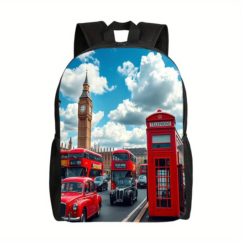 1pc London England Backpack with Big Ben Red Bus Design - Vintage British Travel Backpack, Zipper Closure, Adjustable Strap