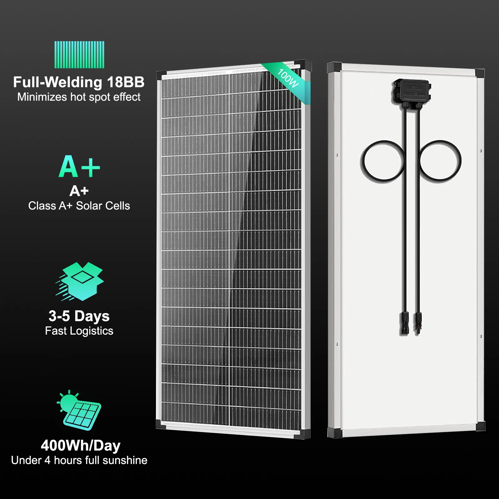 100W A+ Grade Monocrystalline Solar Panel, Rigid N-Type 18BB, 25% High Efficiency, IP68 Waterproof for RV, Home, Off-Grid