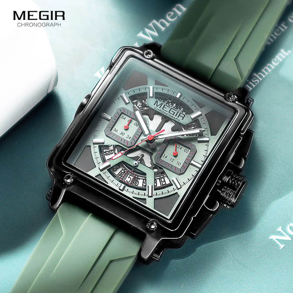 MEGIR Square Dial Quartz Watch for Men Fashion Military Sport Chronograph Wristwatch with Green Silicone Band Date Luminous Hand