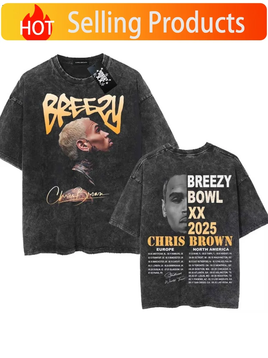 Chris Brown Tag T-shirt Breezy Bowl XX Tour 2025 Oversized T shirt Washed Vintage 100% Cotton Hiphop Streetwear CB24